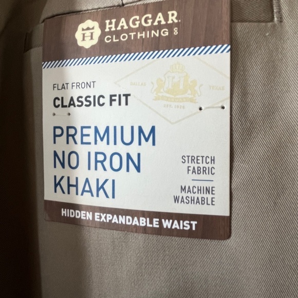 New Haggar Men Iron Free Premium Khaki Classic Fit Pant Flat‎ Front Sand 34Wx32L - Picture 4 of 5